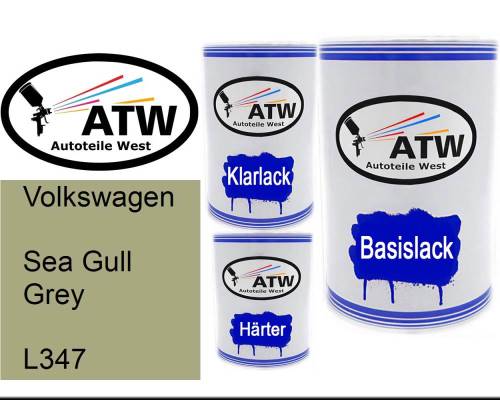 Volkswagen, Sea Gull Grey, L347: 500ml Lackdose + 500ml Klarlack + 250ml Härter - Set, von ATW Autoteile West.